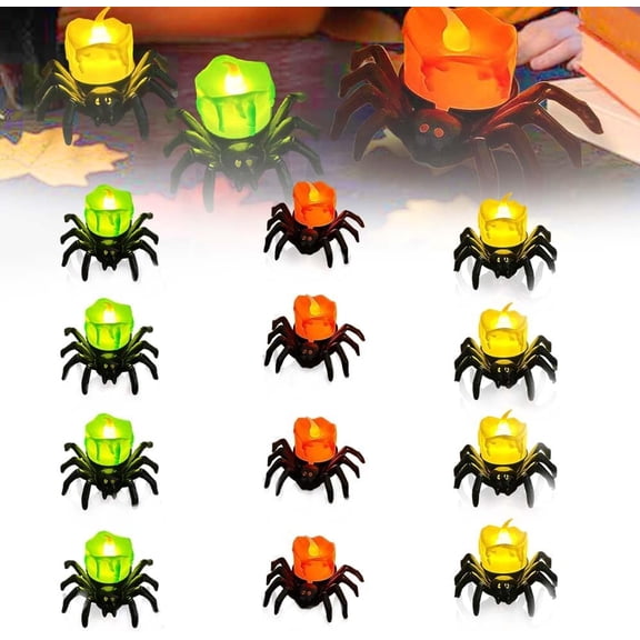 Fake Spiders Flickering Tea Lights, 12 Pack Halloween Spider Candles With 3D Vivid Design, Flameless LED Tealights For Spooky Table Home Decor