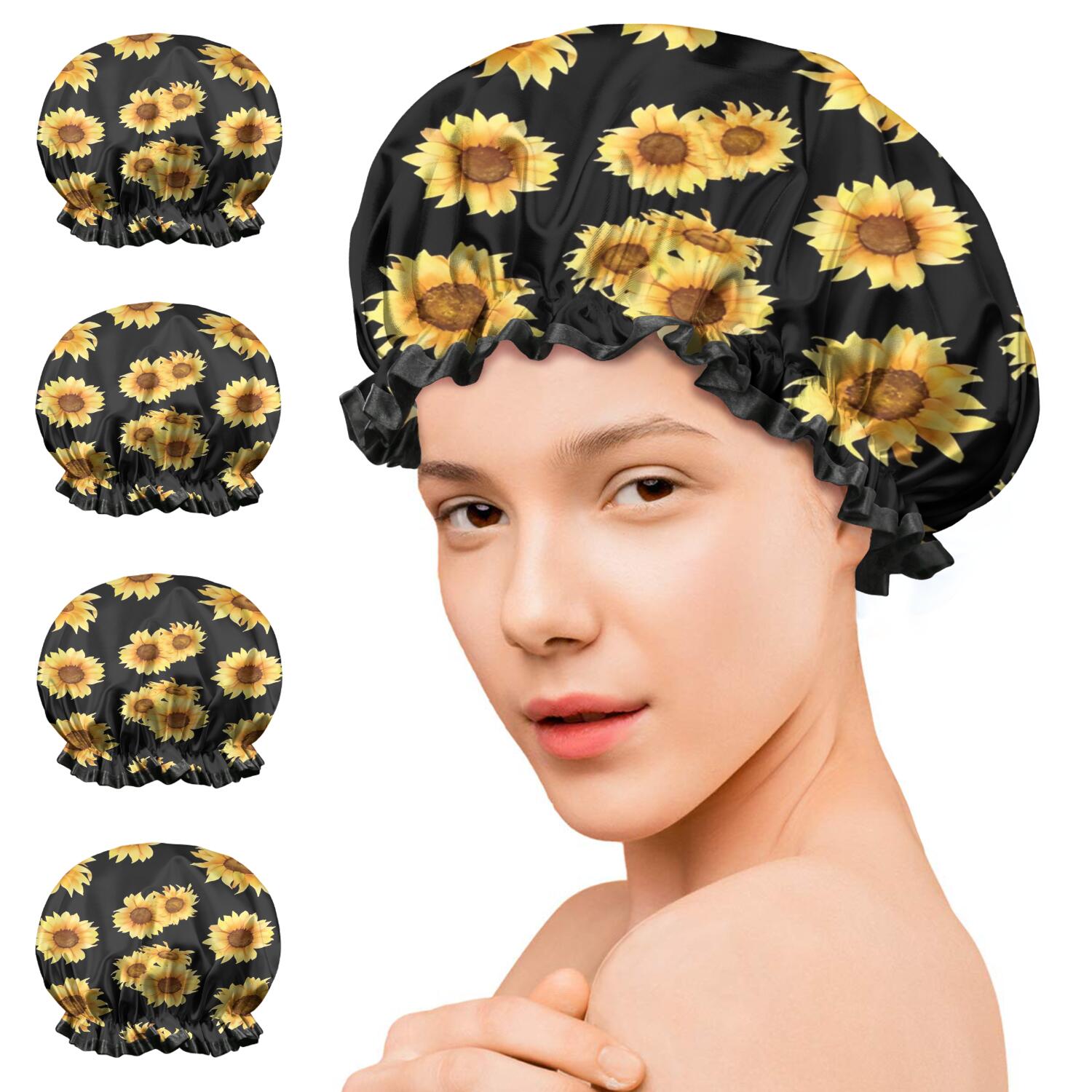 Shower Caps,Black Yellow Sunflower Pattern Waterproof Shower Cap for Women 4 Pieces,Double Reusable Hair Cover for Shower PEVA Elastic Stretch Hem