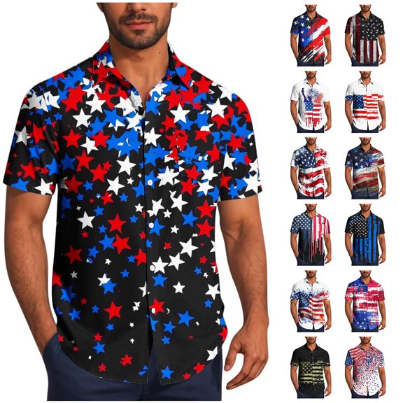 WAENQINLA 4th of July Shirts for Men American Flag USA Flag Hawaiian Shirts Big and Tall USA Short Sleeve Button up Shirt