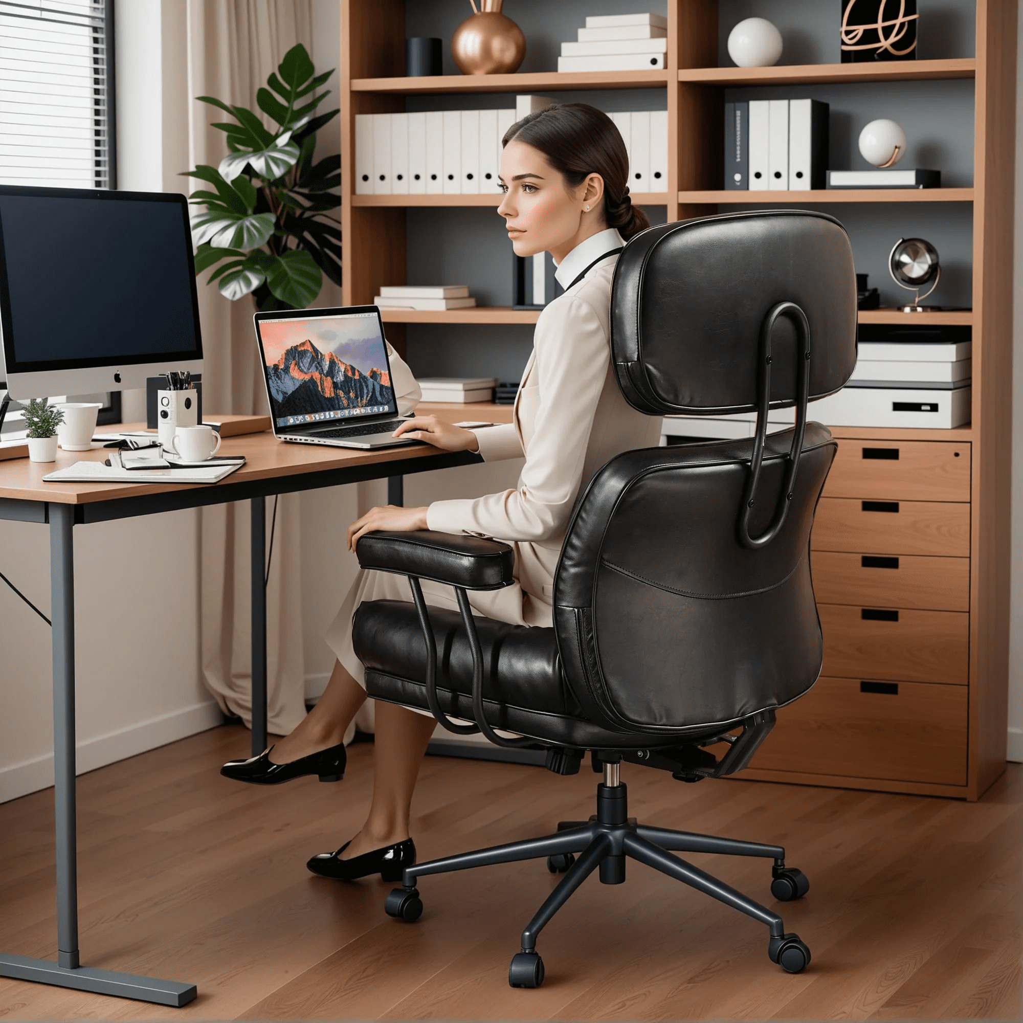 Vcatnet Ergonomic Executive Office Chair, High Back Computer Chair with Lumbar Support, PU Leather Mid-Century Modern Adjustable Home Office Desk Chair, Black