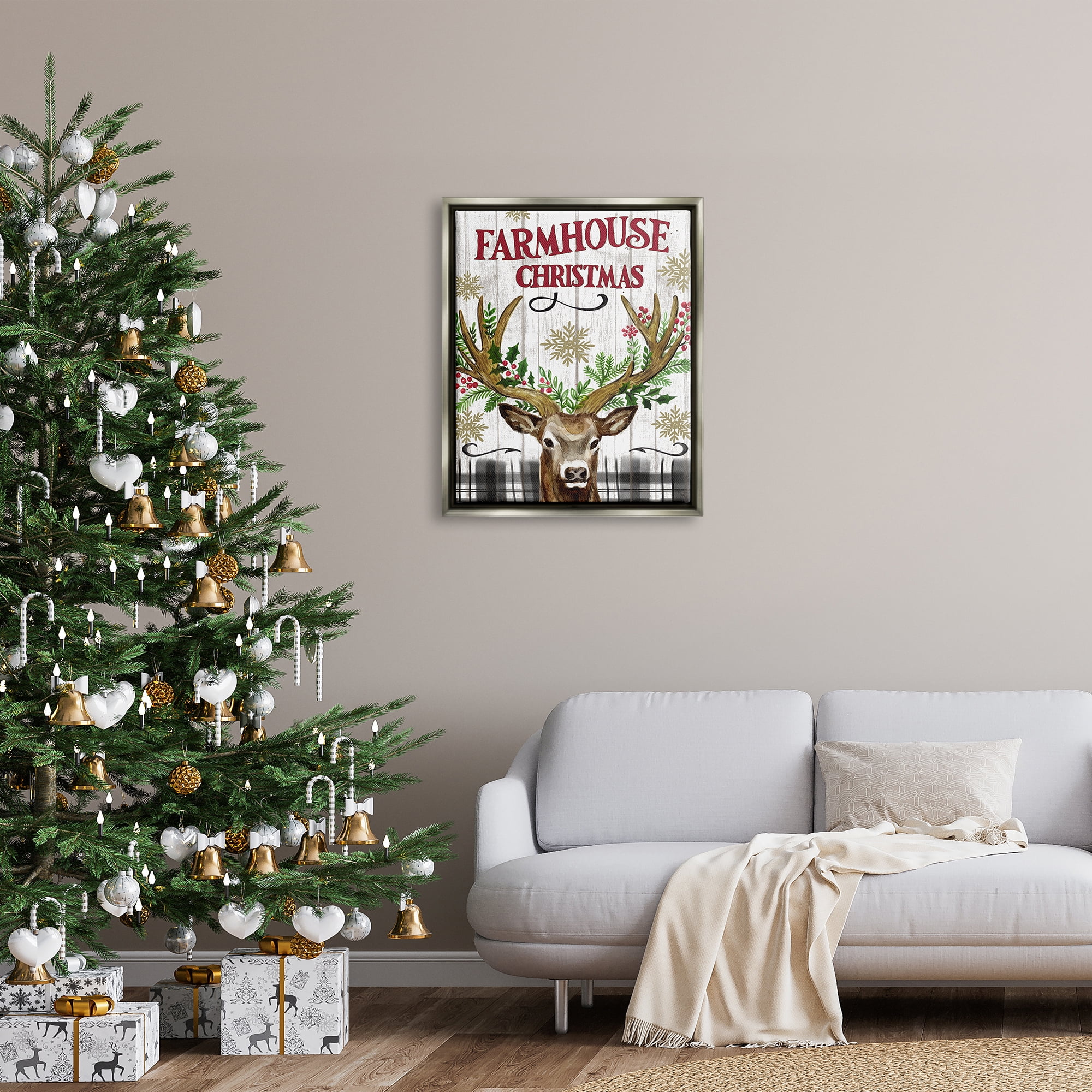 Stupell Industries Farmhouse Christmas with Plaid Holiday Painting Gray Floater Framed Canvas Art Print Wall Art, 25 x 31