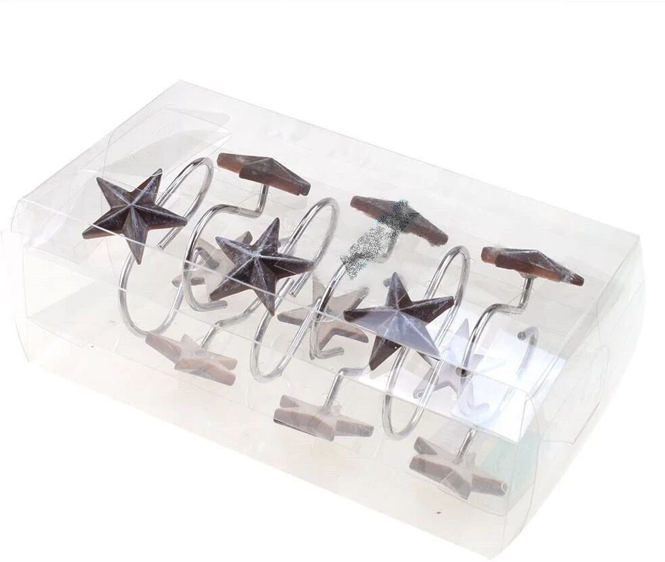 CIRCLE- Farmhouse Star Anti-Rust Shower Curtain Hooks - New - 12 Shower Curtain Rings