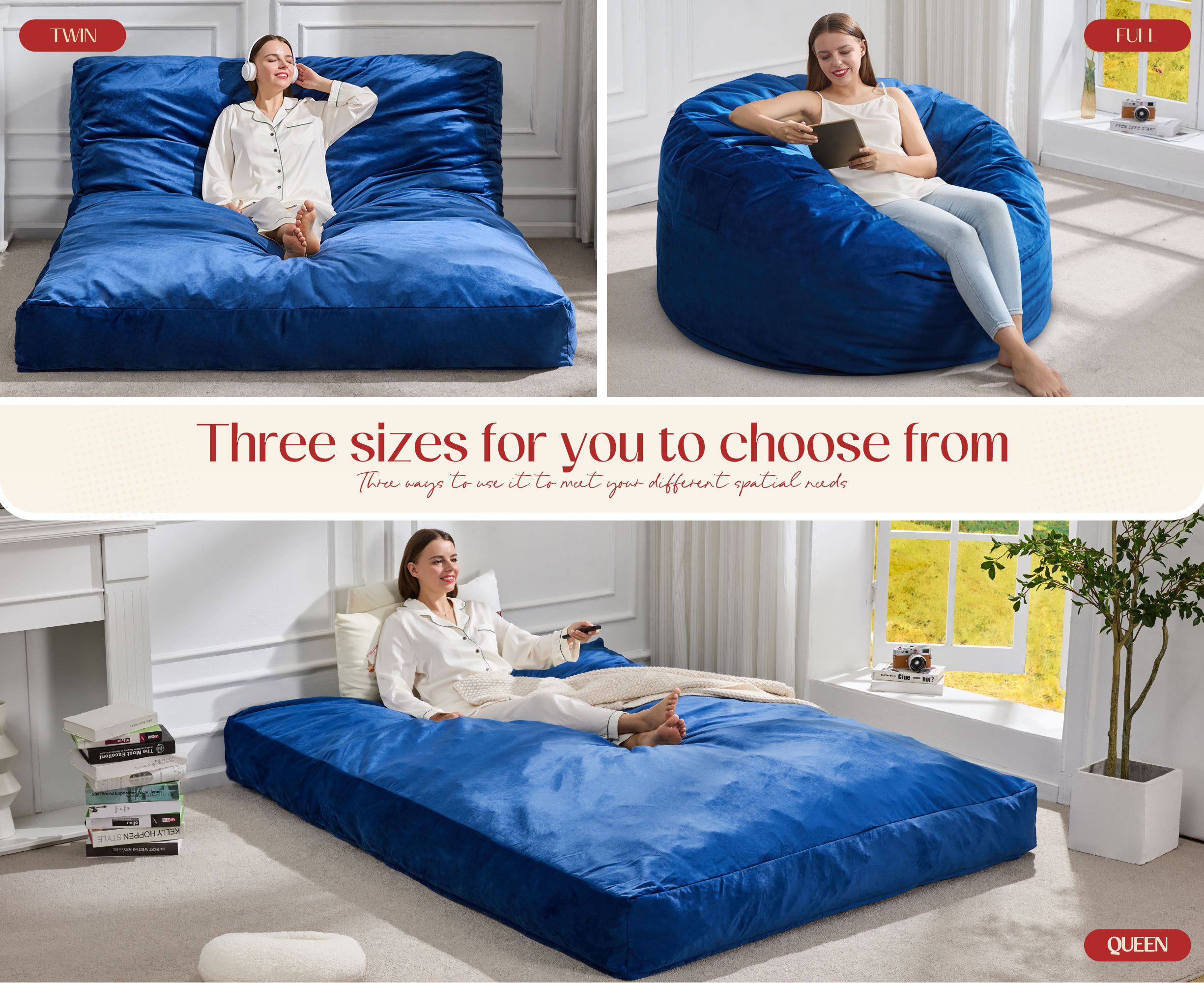 Hobestluk Bean Bag Chair 3 in 1 Beanbag Chairs for Adults, Large Bean Bags with Removable Velvet Cover, Convertible Adult Bean Bag Chair for Living Room, Bedroom, Playroom (Blue, Queen)