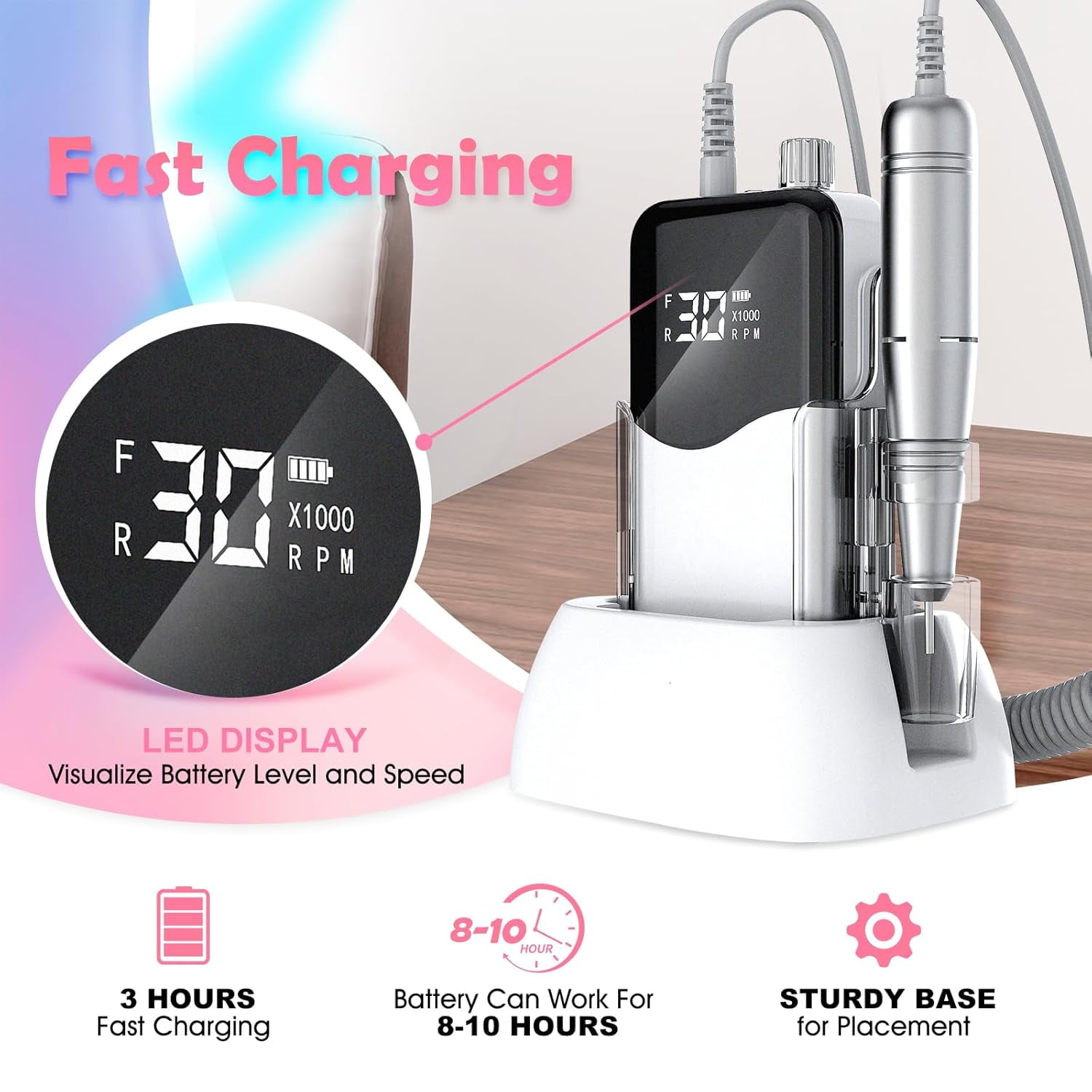 Aorsher Professional Rechargeable Nail Drill, 35000 RPM Electric Nail File, Portable LED Display Nail Tool Kit for Salon and Home Manicure Pedicure