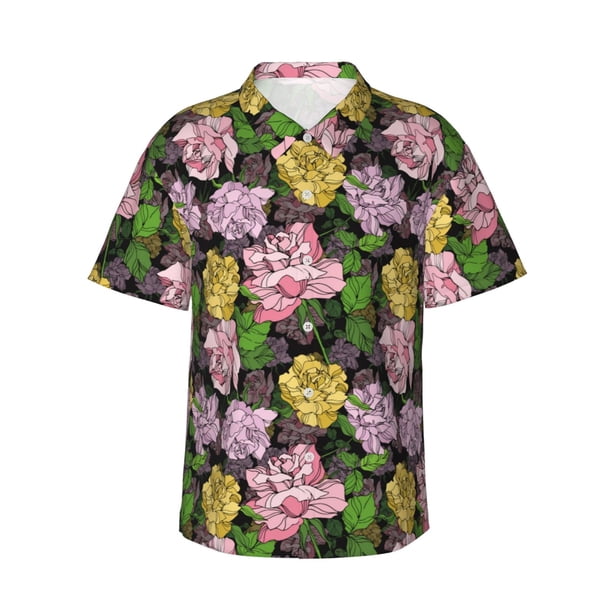 Balery Colorful Roses Camisas hawaianas de manga corta para hombre, camisas playeras de corte holgado, camisas de vacaciones con botones,Large