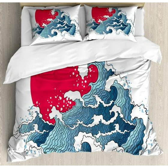 Japanese Queen Size Duvet Cover Set The Great Wave Ilration With Ocean And Sun Theme Oriental Print Decorative 3 Piece Bedding 2 Pillow