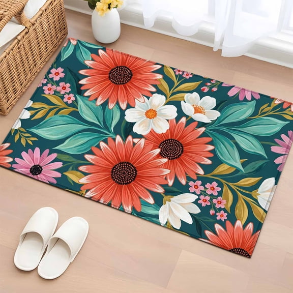Red Flower Washable Small Entryway Area Rugs 2'x3', White Pink Floral Tropical Plant Dark Green Vintage Low Pile Throw Rug Non-Slip Sturdy Edge Binding Carpet for Front Door Floor Room Entry