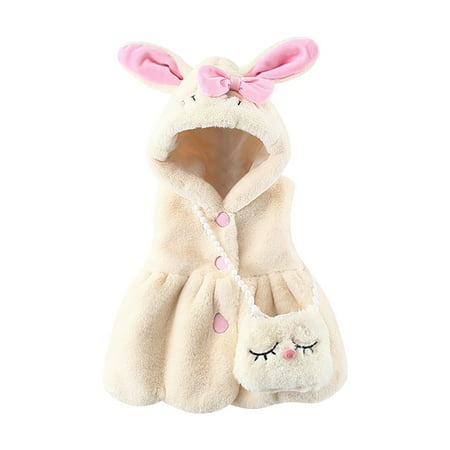 EnJoCho Child Girl Cotta Girls Winter Rabbit Ears Hooded Sleeveless Vest Coat Button Jacket Loose Hem with Cartoon Crossbody Bag Kids Trendy Clothing Top 12-18 Months