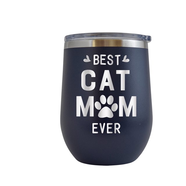 Best Cat Mom Ever Engraved 12 oz Navy Wine Cup Unique Funny Birthday