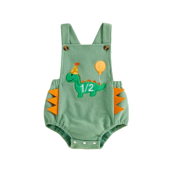RUINIXCW Half Way to One Baby Boy Half Birthday Outfit 1/2 Birthday Summer Clothes Bubble Romper Overalls Dinosaur Embroidery Sleeveless Waffled Bodysuit Playsuit