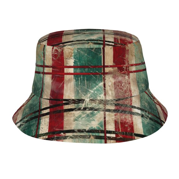 TEQUAN Foldable Polyester Adult Bucket Hat Red and Green Grunge Plaid Prints Sun Beach Fishing Outdoor Cap Unisex