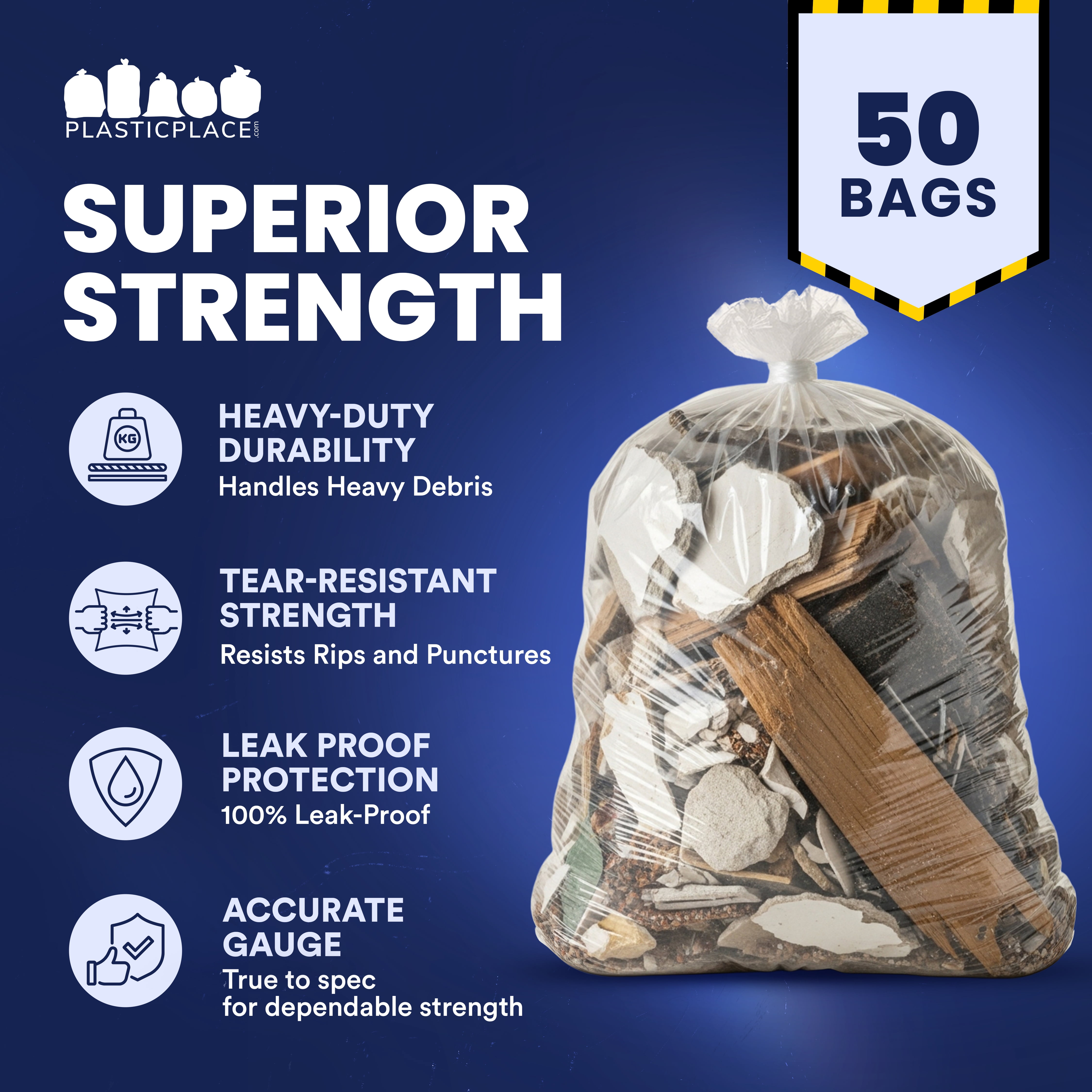 Plasticplace Contractor Trash Bags 55-60 Gallon, Heavy Duty Garbage Bags, 3.0 Mil Clear Trash Bags, Tear-Resistant Large Trash Can Liners for Construction, Recycling & Home Improvement (50 Count)