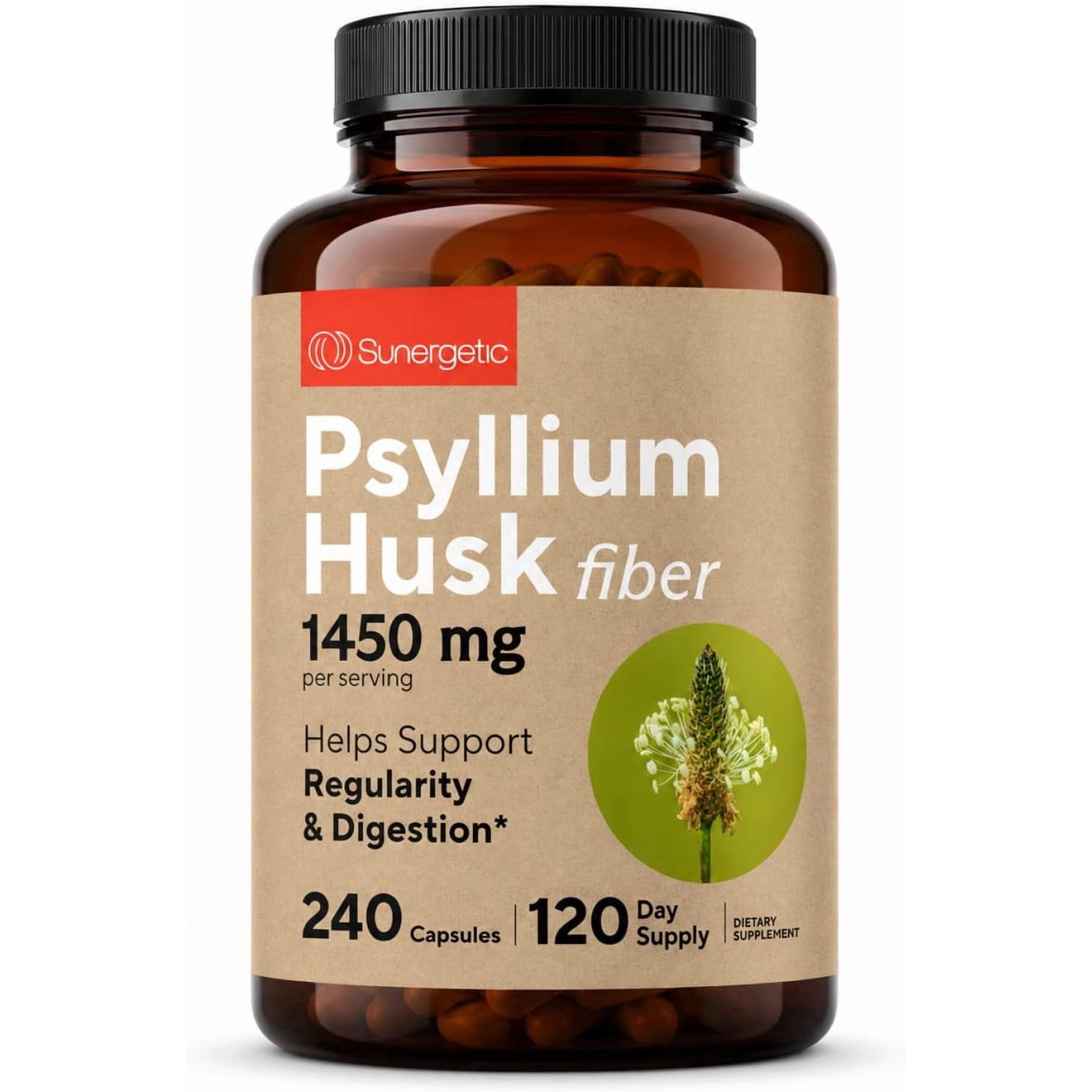 Sunergetic Psyllium Husk Fiber Supplement, 1450 mg Fiber Capsules for Digestion and Regularity, 240 Count