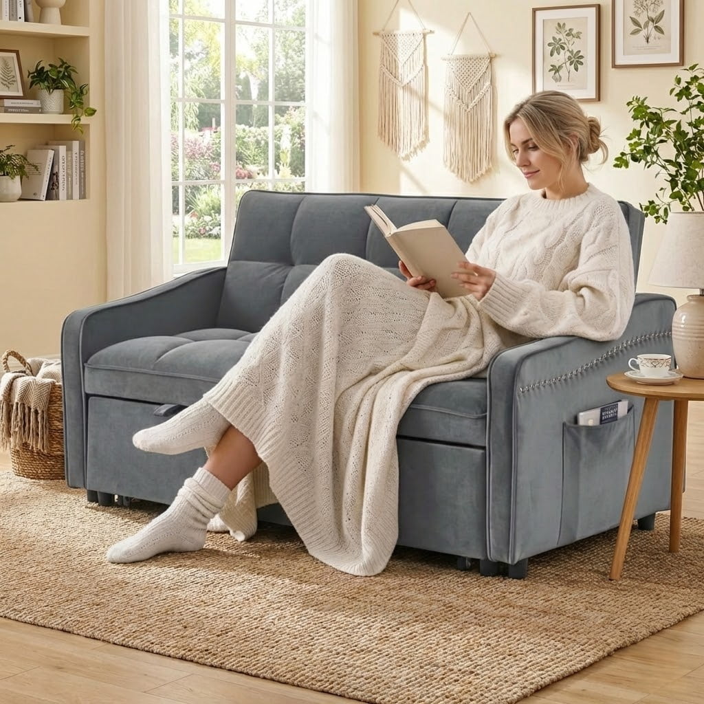 Xiweot 3 in 1 Sleeper Sofa Bed, 53 Inch Convertible Pull Out Couch with Adjustable Backrest, Velvet Futon Loveseat Couch with Side Pockets & USB Ports for Living Room Bedroom (Gray)