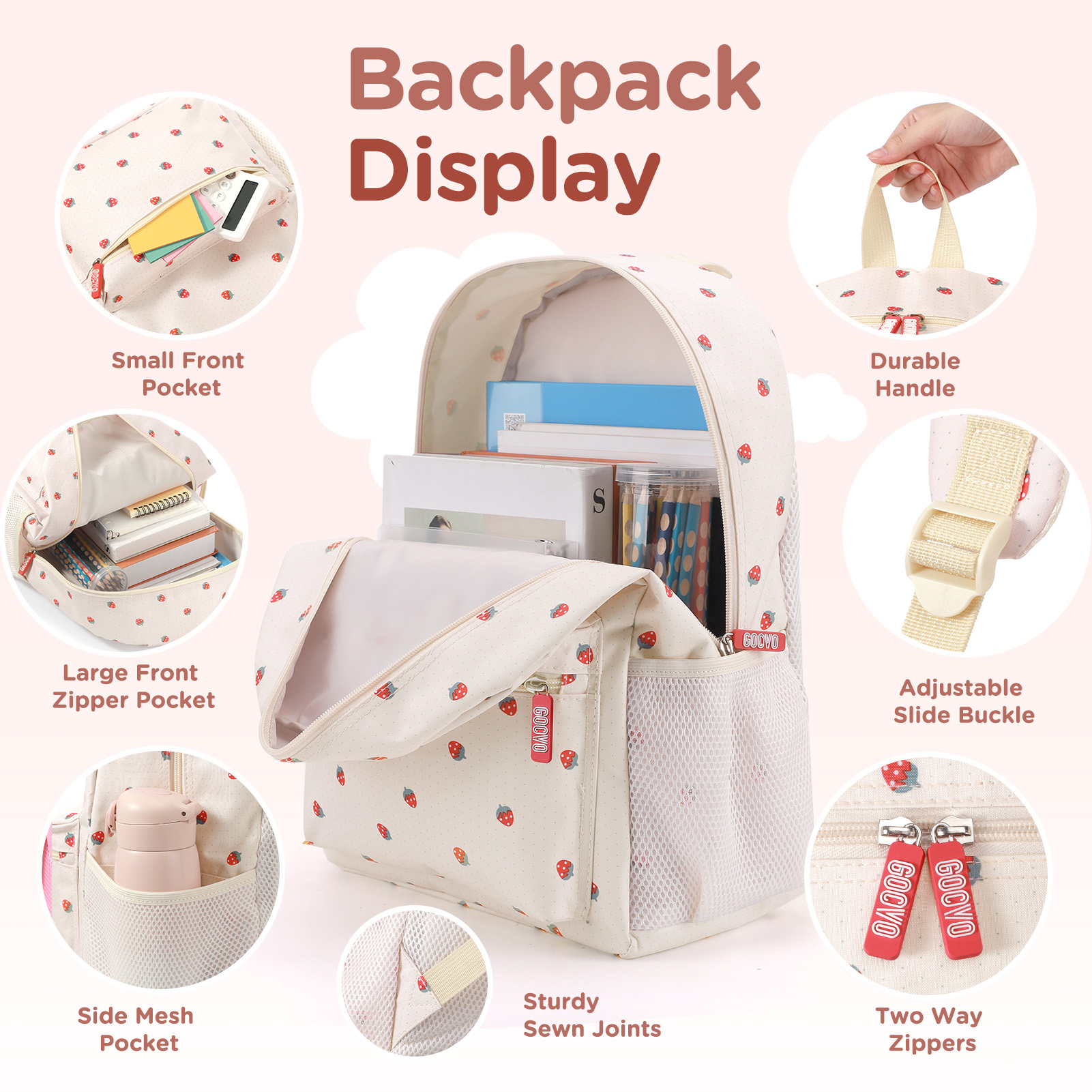 Mochila para niñas, impermeable para adolescentes, linda mochila escolar, estampado de fresa en beige 6