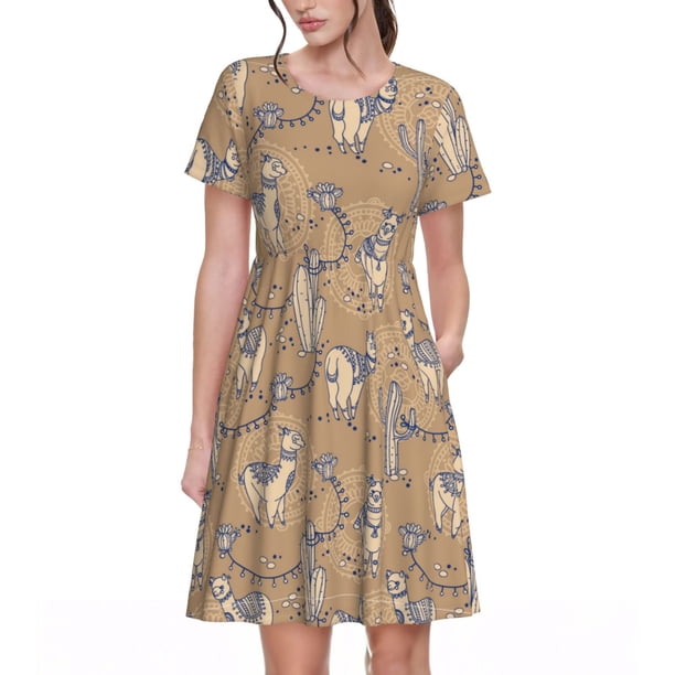 Disketp Cactus Alpaca para Vestido de Manga Corta para Mujeres, Vestidos de Verano para Mujeres, Casual y Holgado para la Playa