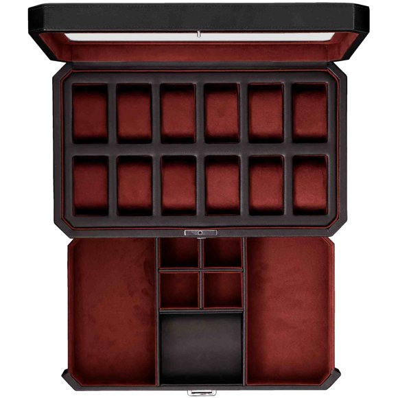 Caja para relojes ROTHWELL de piel con 12 ranuras y cajón para aparcacoches, color negro y rojo