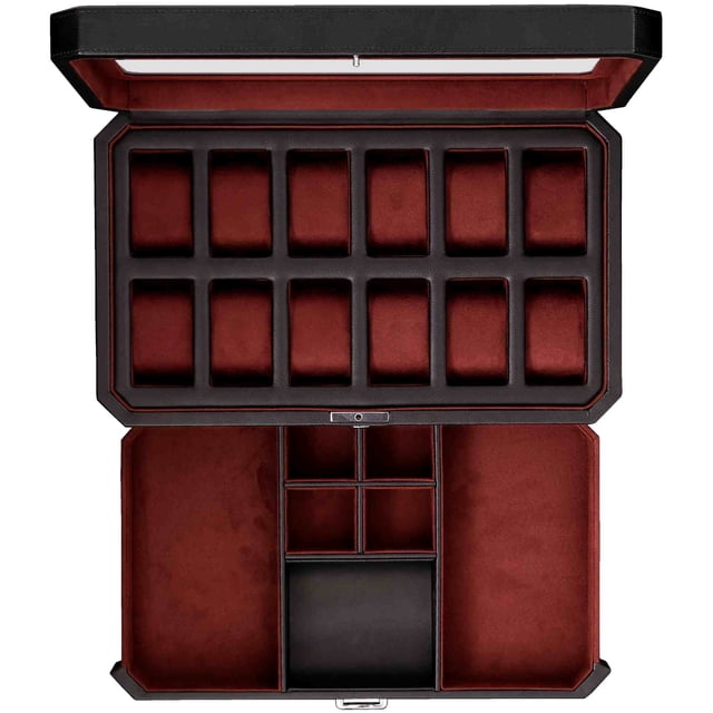Caja para relojes ROTHWELL de piel con 12 ranuras y cajón para aparcacoches, color negro y rojo