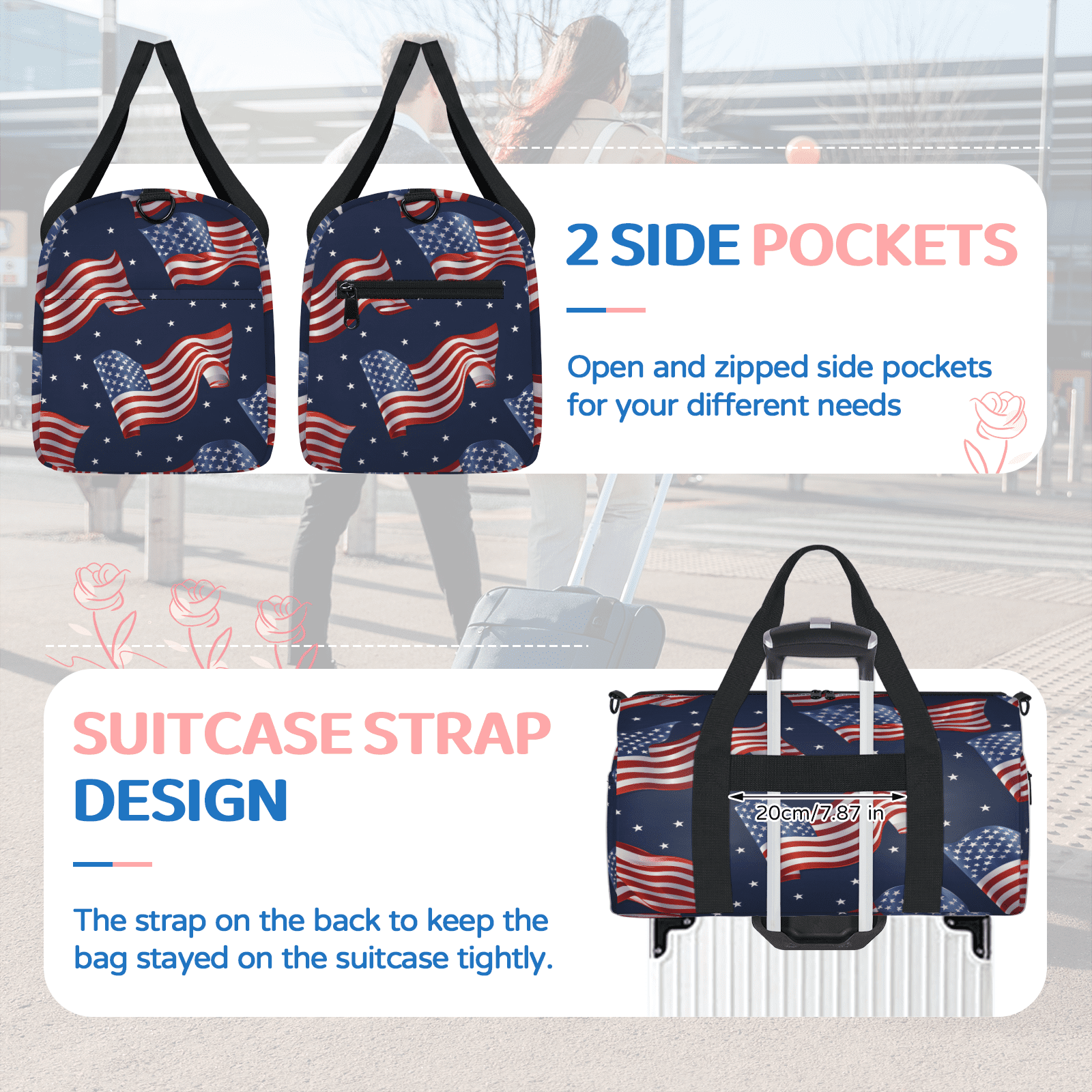 Herdesigns American Flag Gym Bag for Women, Duffle Bag for Travel Sport, 4th of July USA Flag Lightweight Waterproof Carry on Weekender Dance Yoga Workout Bags