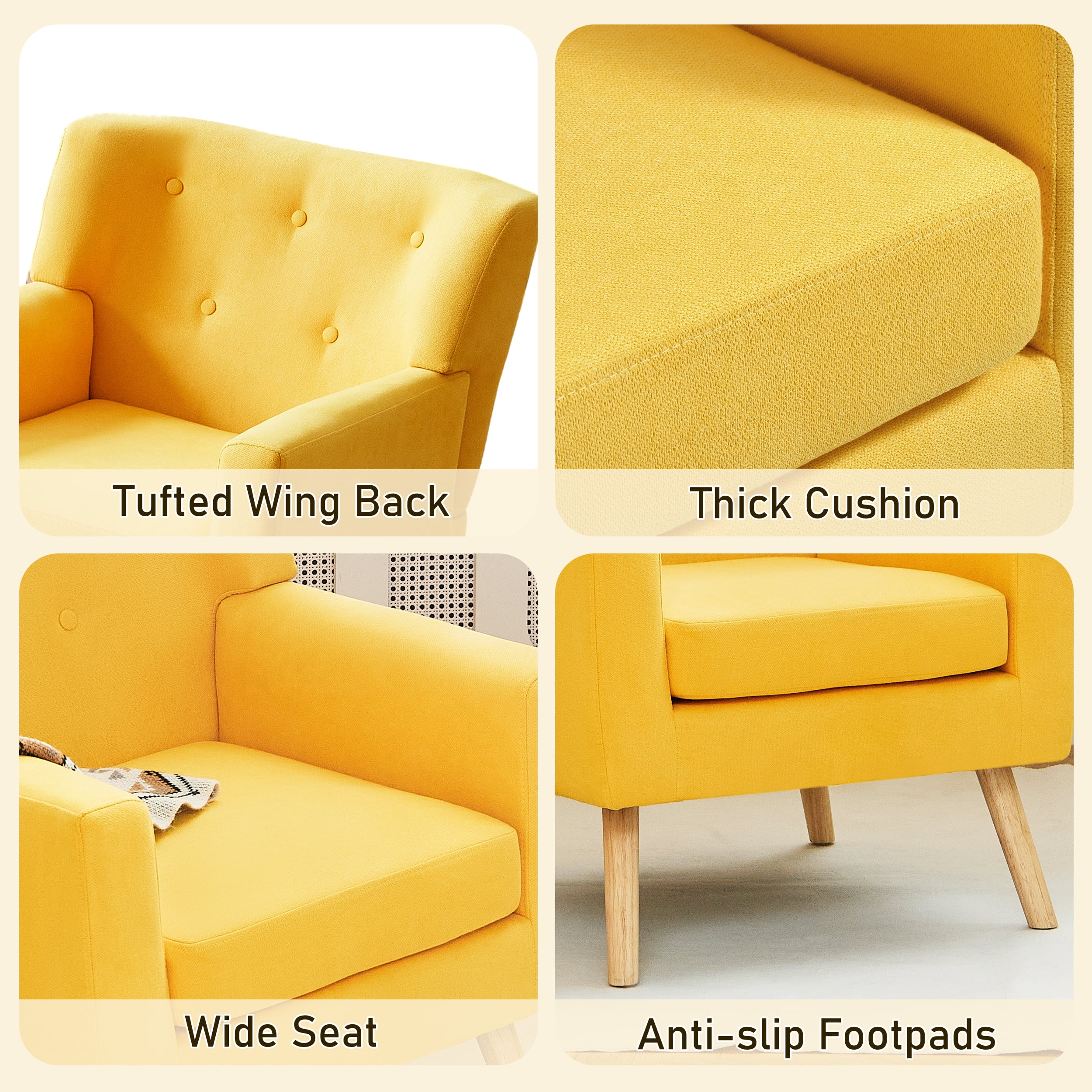TrumanPick Accent Chair, Modern Upholstered Comfy Sofa Chairs, Fabric Mid-Century Armchair Button Tufted Lounge Chair for Living Room, Bedroom, Yellow