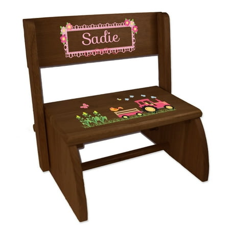 Personalized Girl's Pink Tractor Espresso Flip Stool