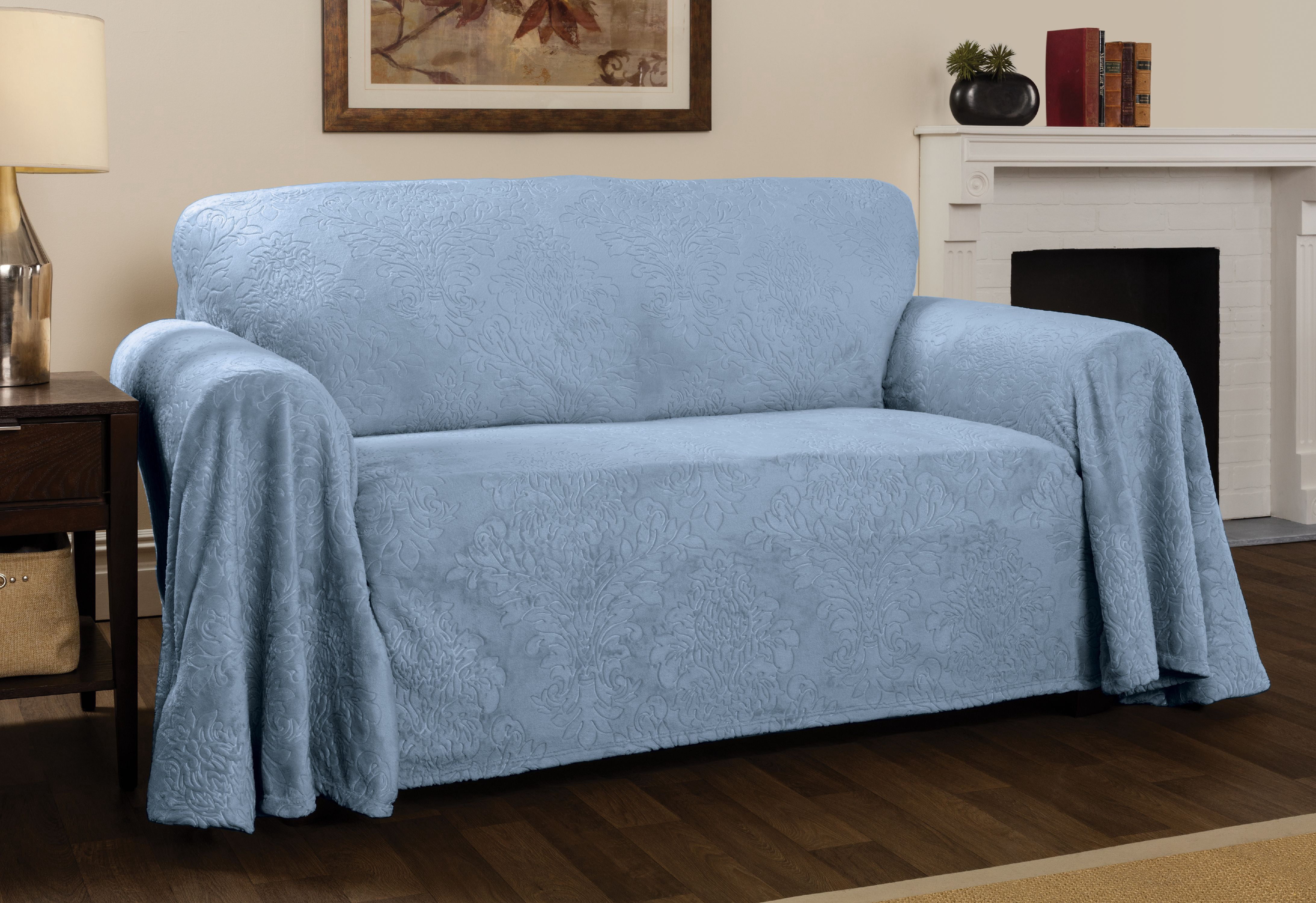 Innovative Textile Solutions 1-Piece Plush Damask Throw Loveseat Slipcover, Blue