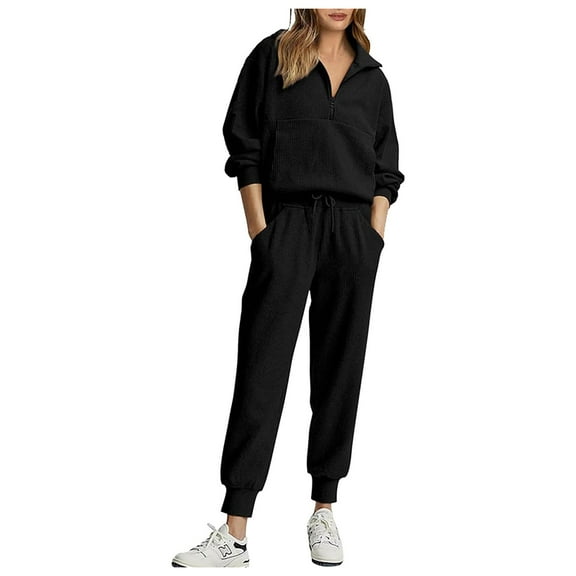 Bmisegm Women's 2 Piece Tracksuit Fall Outfits 2024 Long Sleeve Half Zip Sweatshirt Sweatpants Set Sweatsuits Pants for Women Black XL