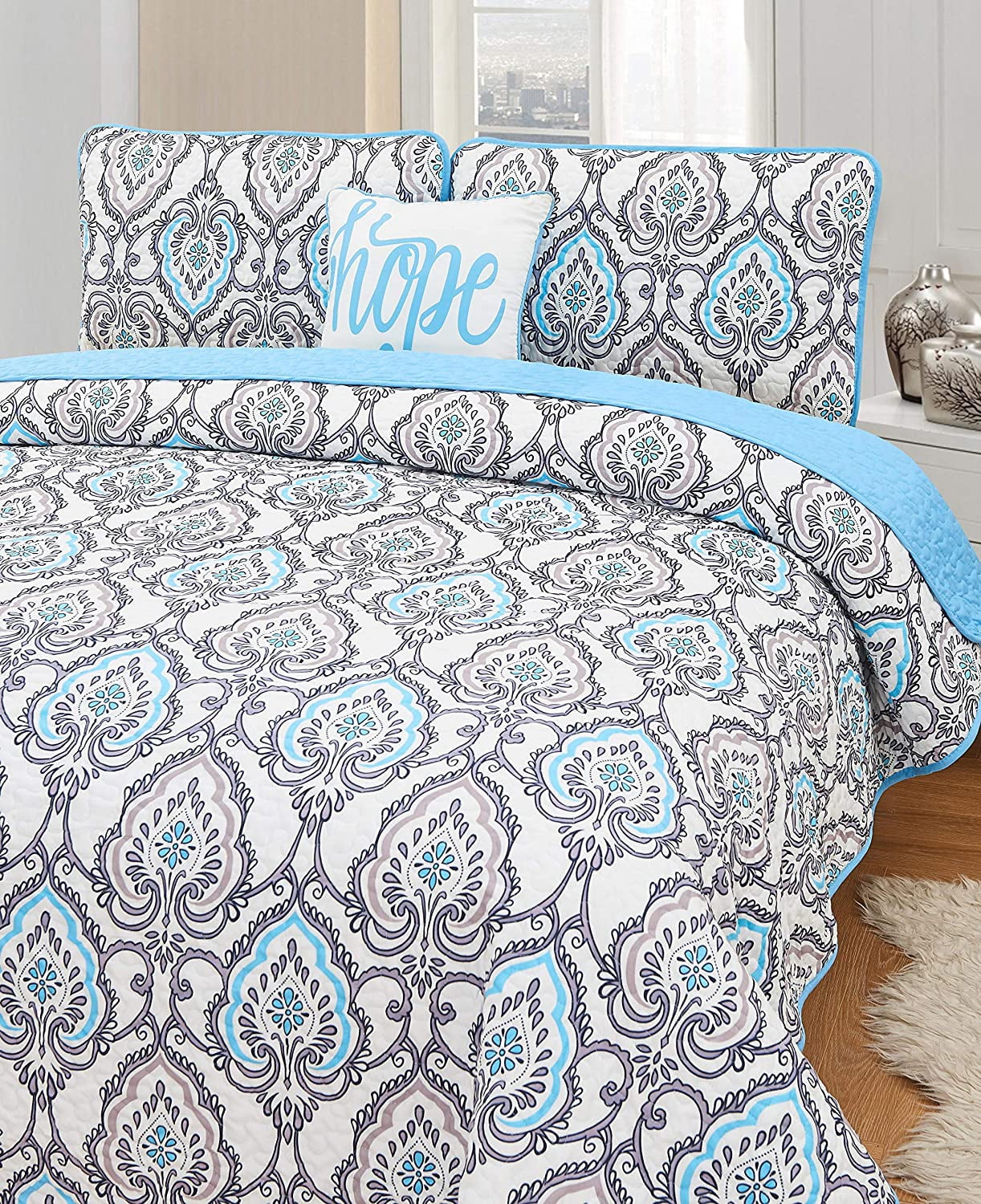 Hannah Linen Twin Size Quilts Set - Microfiber 3 Piece Down Alternative Design (Twin, Jade Blue)