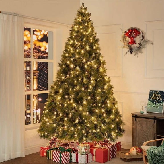 g 9ft Christmas Tree with Lights Realistic Traditional Christmas Tree Prelit with Pine Cones Foot Pedal 2294 Branch Tips 1050 Warm Lights and Metal Stand Aritificial，Christmas tree