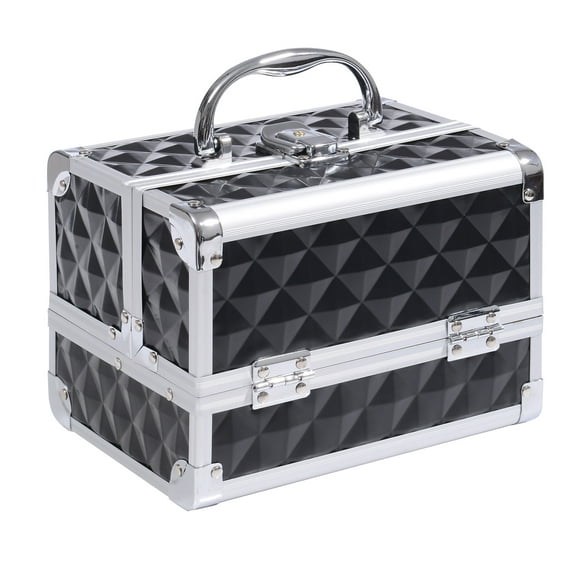 HOMCOM 3 Tier Diamond Texture Makeup Train Case, Cosmetic Organizer with Mirror, 8"x6"x6", Black
