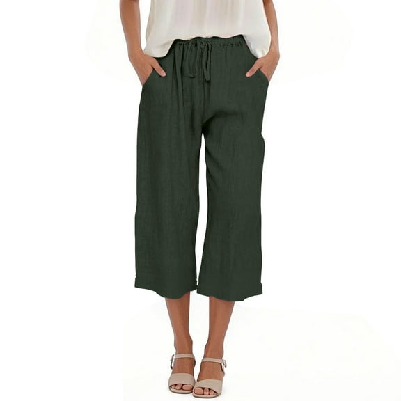 yunLCZ Women's Wide Leg Pants Cotton Linen Pant For Women 2025 Summer Waist Wide Leg Crop Pant Casual Loose Beach Trouser