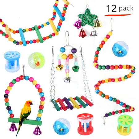 12 Pcs Pet Bird Toys Hanging Parrot Swing Bell Bridge Ladder Toys for Parrot Colorful Combination Toy Set Bird Cage Accessories