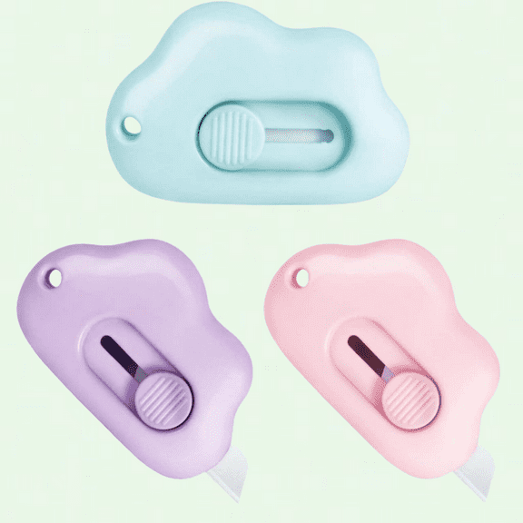 Cloud Mini Ceramic Box Cutter, Retractable Keychain Hole, 3pcs (Pink Purple Blue)
