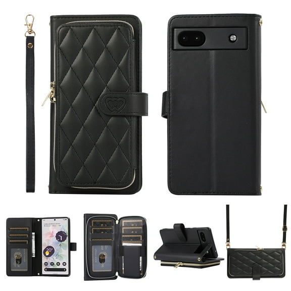 Nalacover for Google Pixel 6a 6.1 inch Premium PU Leather Crossbody Case with Shoulder Strap & Wrist Strap,Shockproof Magnetic Flip Kickstand Credit Card Slots Zipper Wallet Phone Case,Black