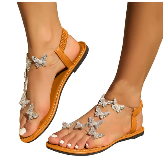 Rokment Women's Glitter Rhinestones Butterfly Flat Dress Sandals Bride Wedding Sparkly Open Toe No Heel Elastic Ankle Strap Slingback Dressy Summer Beach Shoes A Size 6