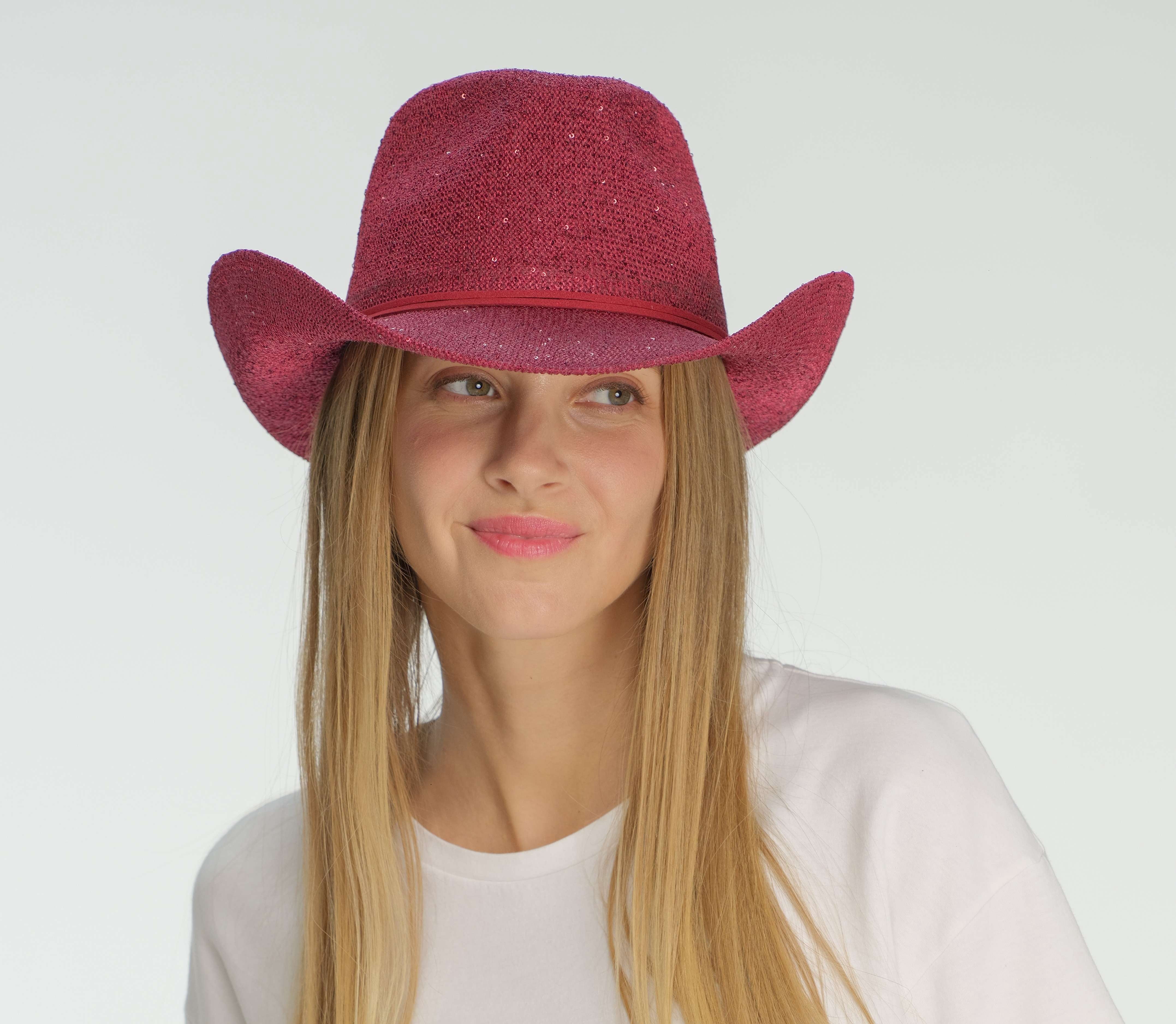 8646 Sparkly Sequin Cowboy Hat With Suede String Trim, Maroon C.C Sparkly Sequin Cowboy Hat with Suede String Trim, Maroon  main image 4