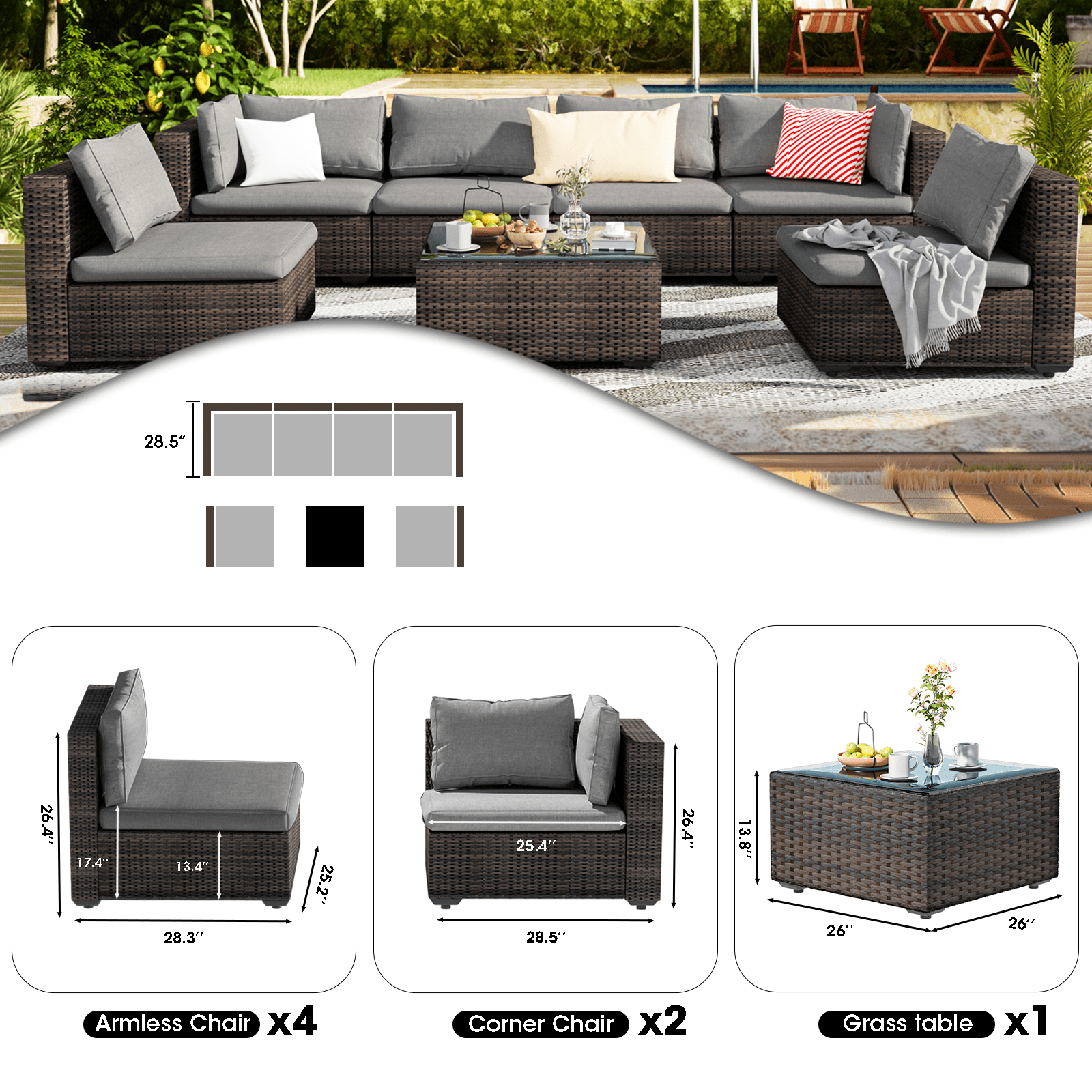 7 Pieces Patio Furniture Set Outdoor Sectional Sofa, All Weather Outdoor Sectional PE Rattan, Patio Conversation Sets with Cushions and Glass Coffee Table for Garden Lawn Balcony Porch Deck,Grey