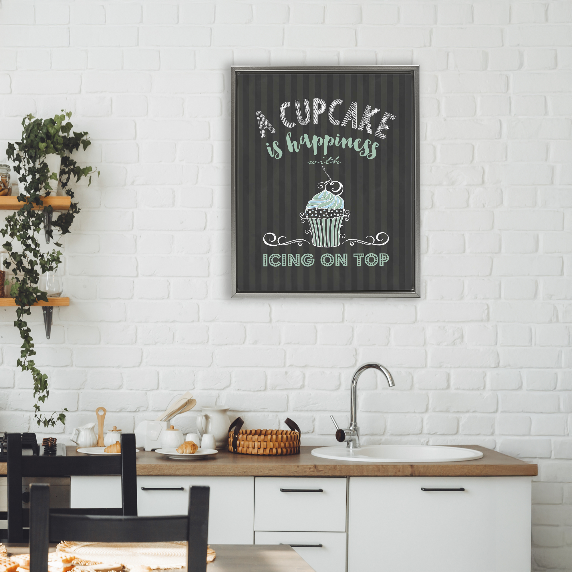 Cupcake Is Happiness with Icing Gray Framed Floater Canvas Wall Art, design by Lettered and Lined