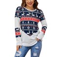thumbnail image 1 of Camisa con estampado navideño, bloque de color, manga larga, informal, holgada, con cuello redondo, blusa estampada para mujer, azul, XXL, 1 of 5