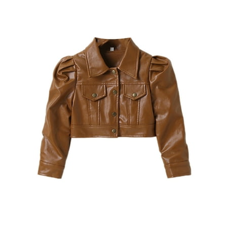 

One opening Kids Coat Girls Solid Color Turn-Down Collar Long Sleeve Jacket Tops for Spring Fall Brown/Black 2-7 Years