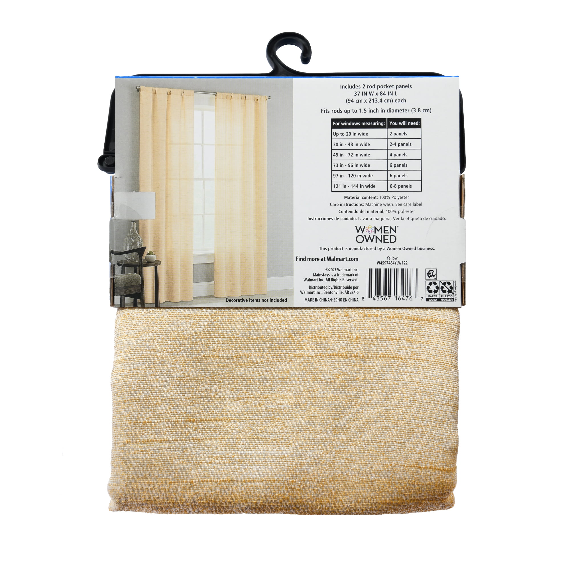 Mainstays Como Textured Light Filtering Indoor Curtain Panel Pair, Set of 2, Yellow, 37” W x 63” L
