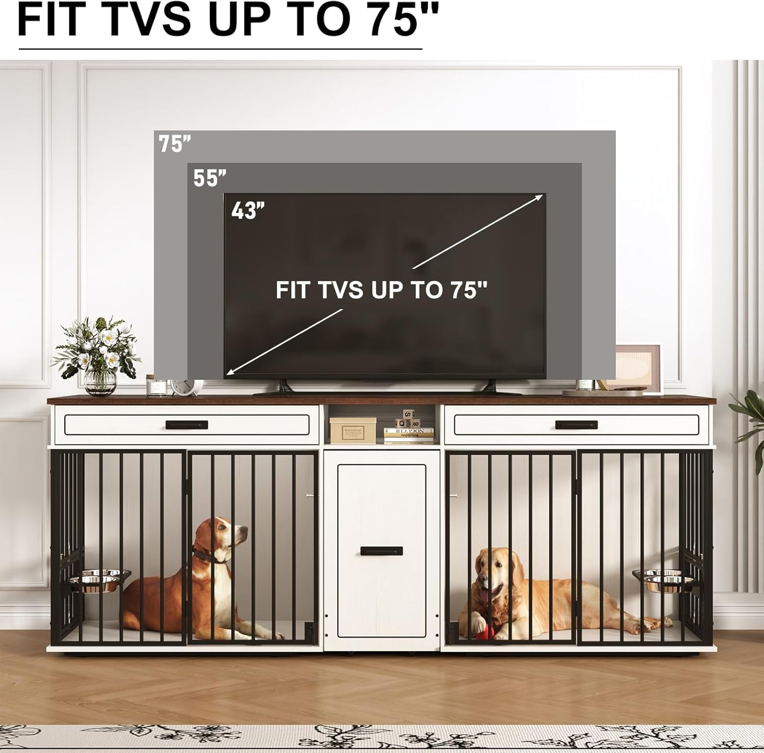ChVans 86.6" Dog Crate Furniture TV Stand for Large Breed Dogs, Wooden Kennel with Dual rooms, Dog Bowl, 2 Drawers &  Cabinet for Medium-Large Dogs