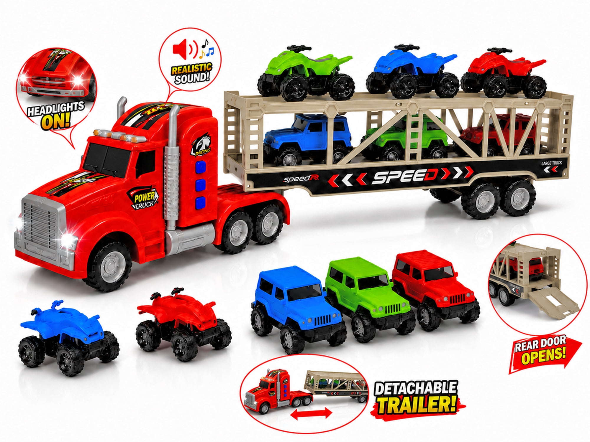 Friction Powered Toy Car Carrier Truck, 23 Inch Transport Trailer with 6 Mini Vehicles, Lights, Sounds, Opening Rear Door, Detachable Trailer
