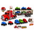 thumbnail image 5 of Friction Powered Toy Car Carrier Truck, 23 Inch Transport Trailer with 6 Mini Vehicles, Lights, Sounds, Opening Rear Door, Detachable Trailer, 5 of 9