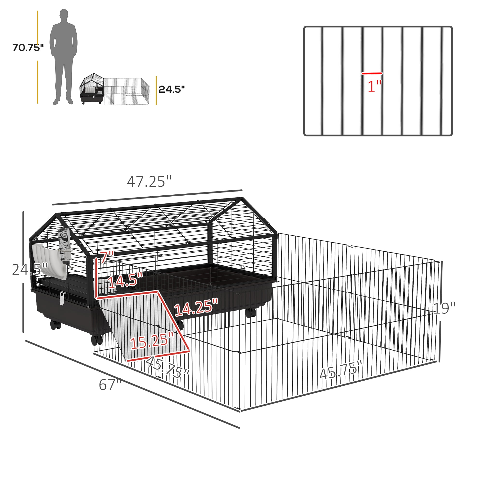 Small Animal Cage with Foldable Run Area, Rolling Bunny Cage, Guinea Pig Cage, Hedgehog Cage with Water Bottle, Water Bowl, and Ramps, 46.5"