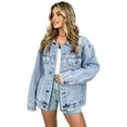 thumbnail image 6 of Domzest Oversized Denim Jacket for Women Long Sleeve Classic Button Down Jean Coat Boyfriend Style Jeancket with Chest Pocket Light Blue L, 6 of 6