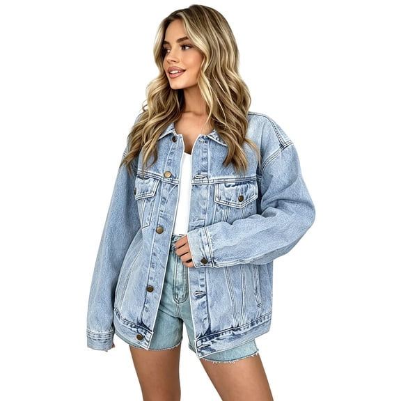 Stralyhd Jean Jacket Women Long Sleeve 2026 Fall Oversized Denim Jackets Classic Jean Coats Light Button Down Trucker Coat with Pockets Light Blue S