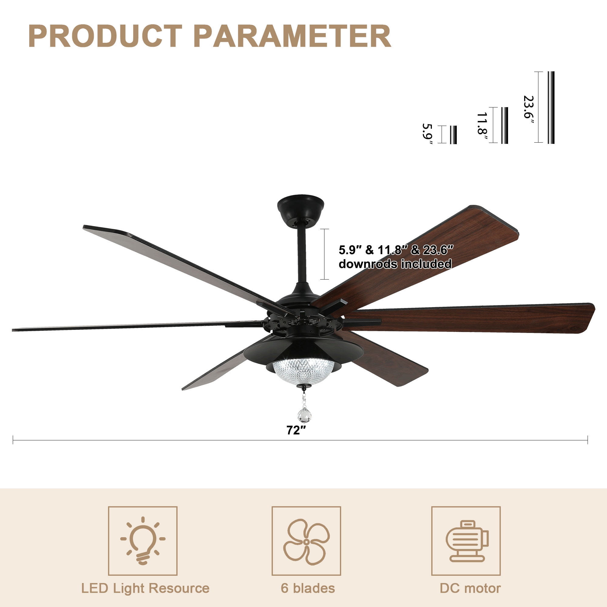 Bella Depot 72" Modern LED Ceiling Fan 6-Speed Reversible Chandelier With Dimmable Light and Remote Control