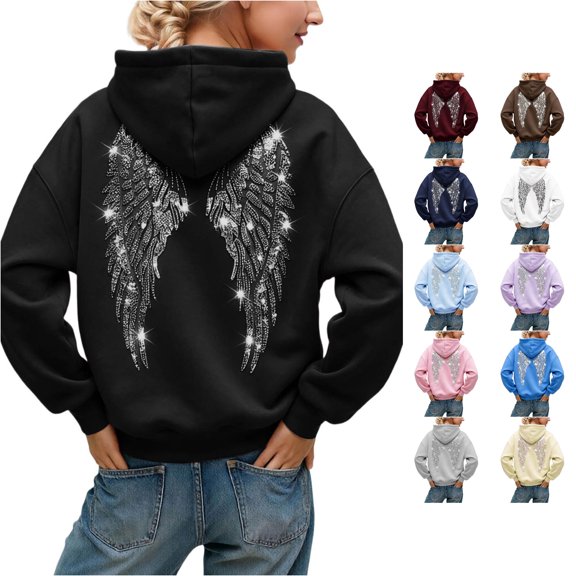 Women Rhinestone Angel Wing Back Print Hoodie Long Sleeve Pullover Sweatshirt Casual Oversized Loose Fit Hooded Top