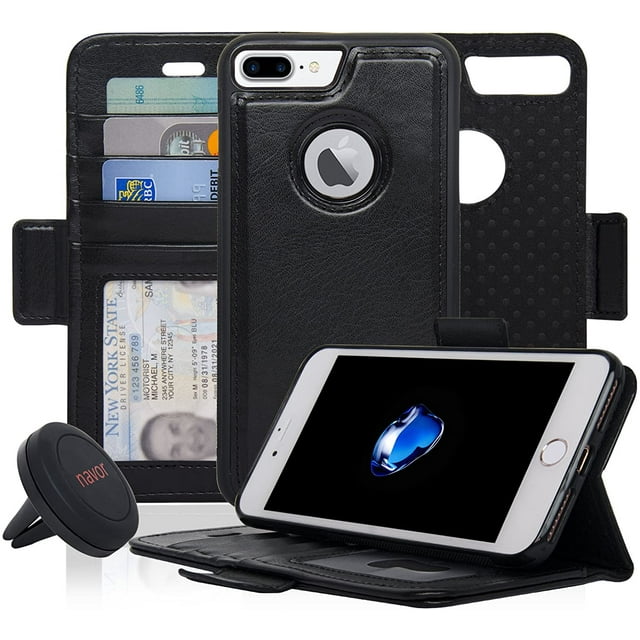 Detachable Magnetic Wallet Case and Universal Car Mount - Compatible with iPhone 7 Plus - 2 in 1 TPU Phone Case with RFID Technology - 360 Degree Protective Cover